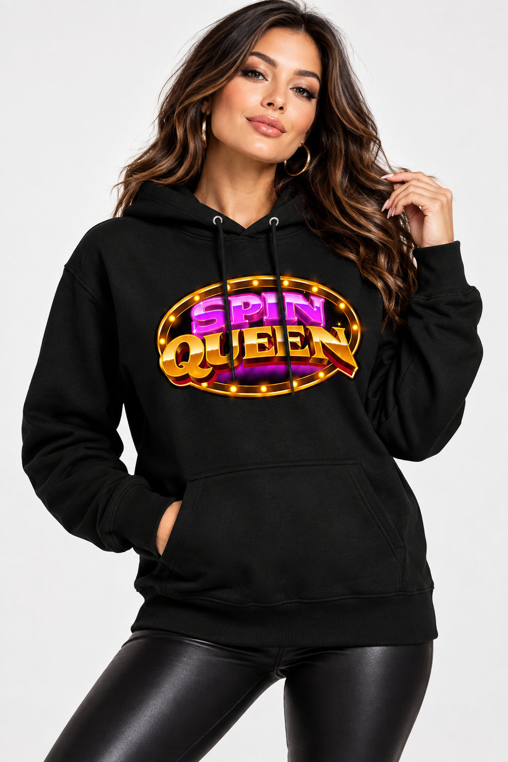 A black pullover hoodie with a vibrant, metallic-style 'SPIN QUEEN' graphic on the chest, featuring purple and gold lettering inside an oval frame, set against a plain white background.