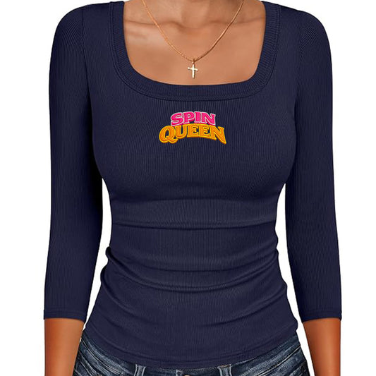 SpinQueen, Womens 3/4 Sleeve Scoop Neck Top - Navy