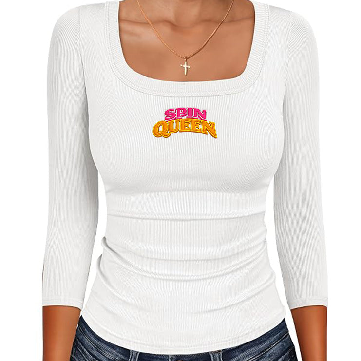 SpinQueen, Womens 3/4 Sleeve Scoop Neck Top - White
