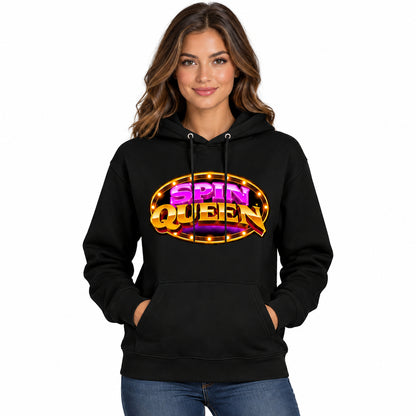 A black pullover hoodie with a colorful 'SPIN QUEEN' graphic on the chest, displayed against a solid white background.