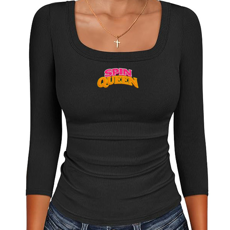SpinQueen, Womens 3/4 Sleeve Scoop Neck Top - Black