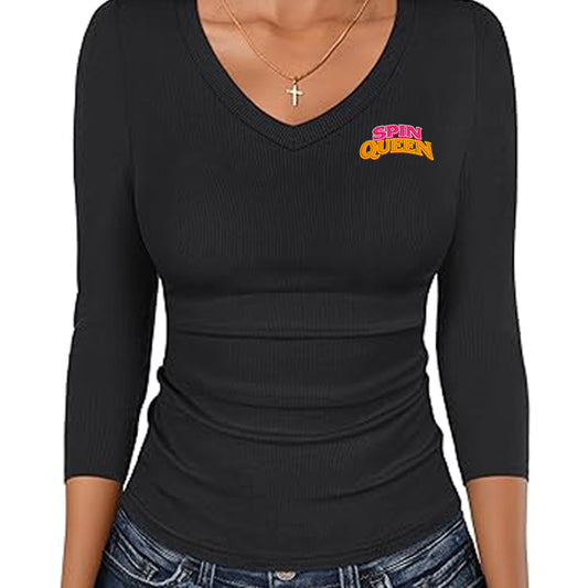 SpinQueen, Womens 3/4 Sleeve V Neck Top - Black
