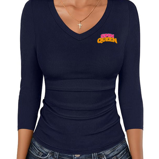 SpinQueen, Womens 3/4 Sleeve V Neck Top - Navy